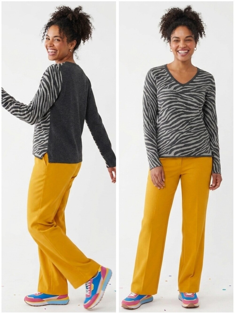 Bailey 44 Zebra Print Sweater Size Large V-neck Hi Low Hem Charcoal Womens